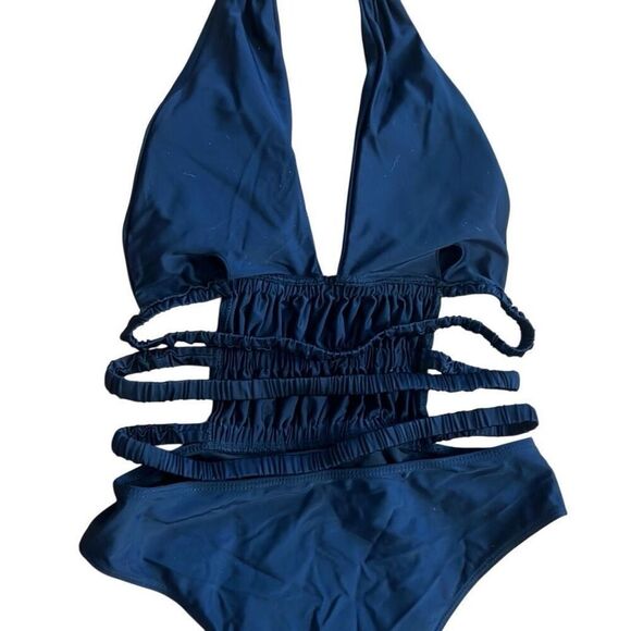 Halter Neck Ruched Cutout Strappy Open Back One-Piece Swimsuit Navy Blue Size XL - Picture 2 of 7